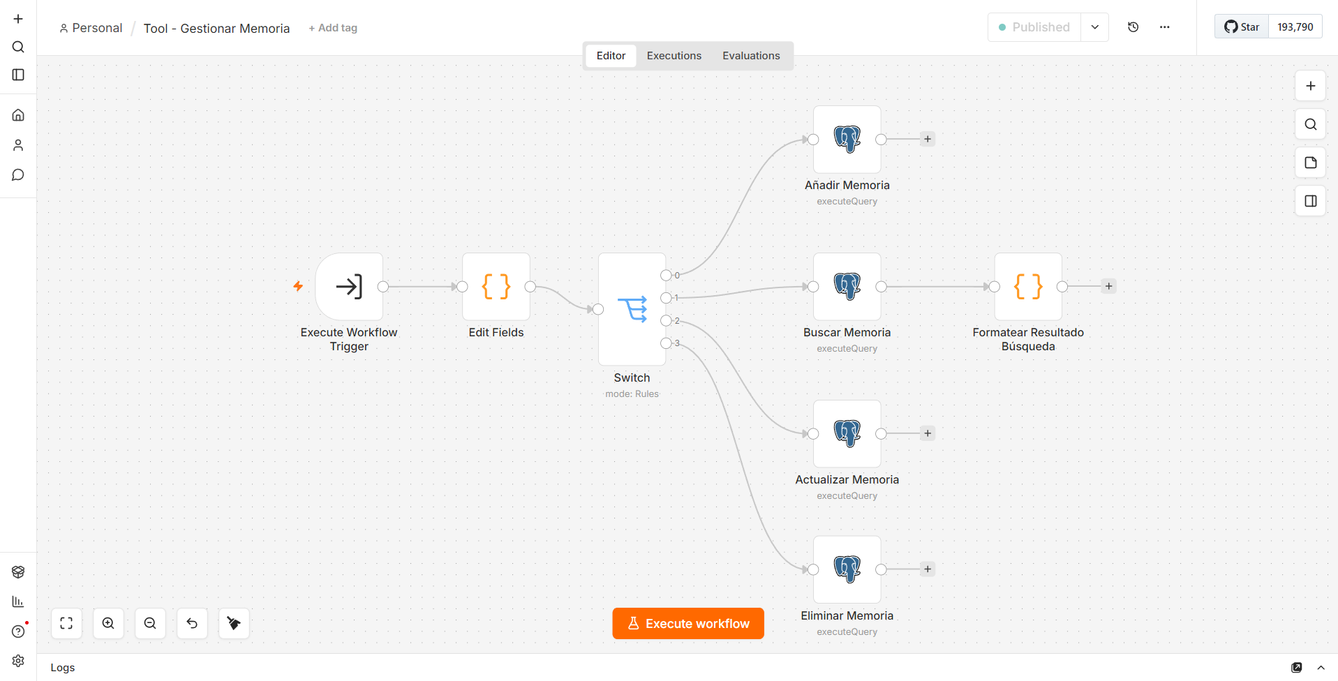 Workflow de gestión de memoria persistente en n8n: operaciones CRUD en PostgreSQL para memoria a largo plazo del agente IA